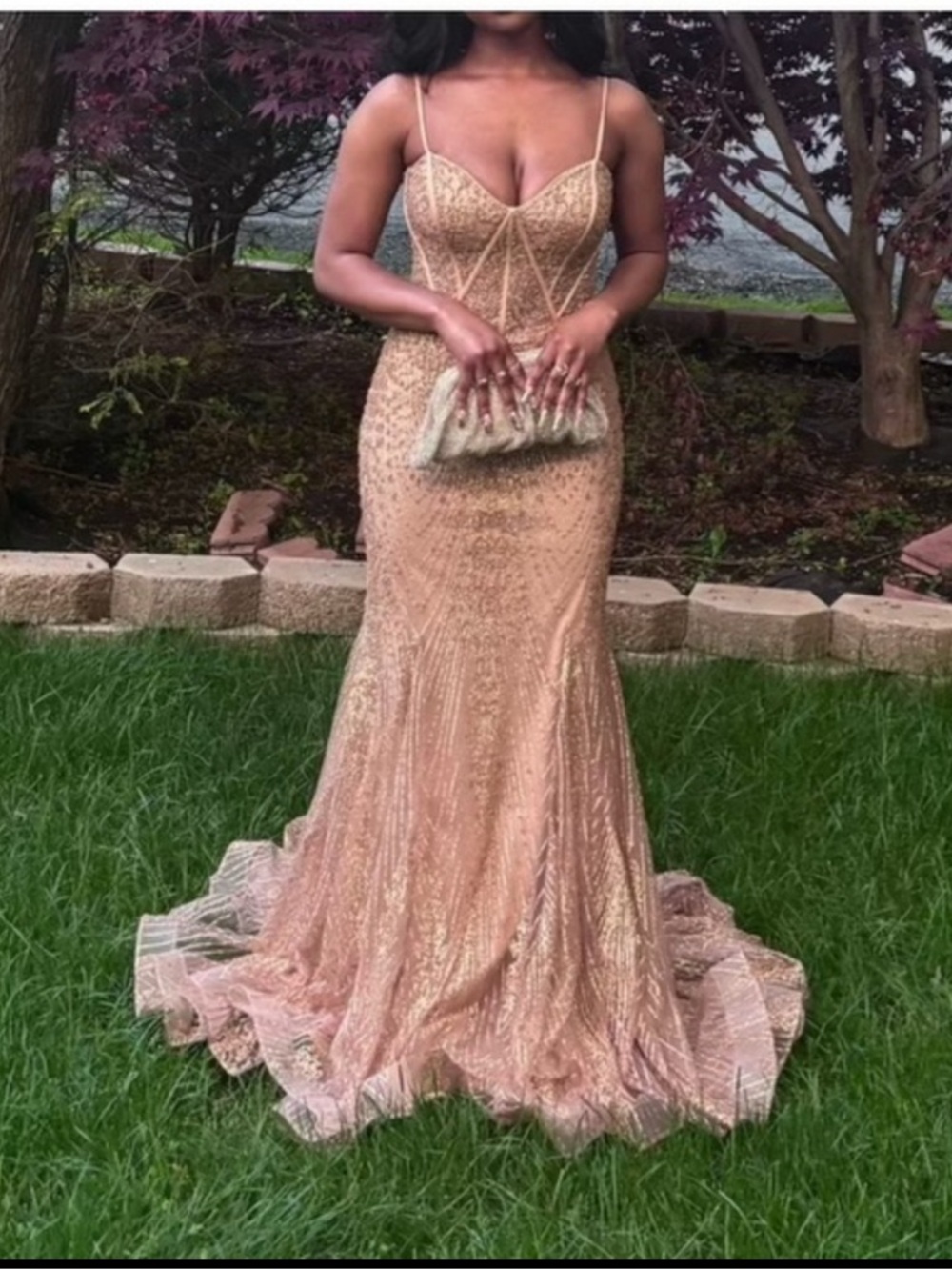 Strapless Illusion Rose Gold Sequin Mermaid Prom Dress